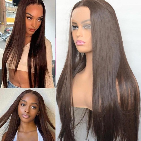 human hair blend lace front brown straight wig. main image 5